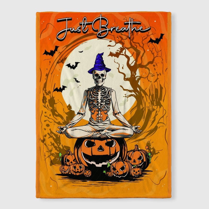 Just Breathe Halloween Yoga Skeleton Fleece Blanket for Fall Gifts