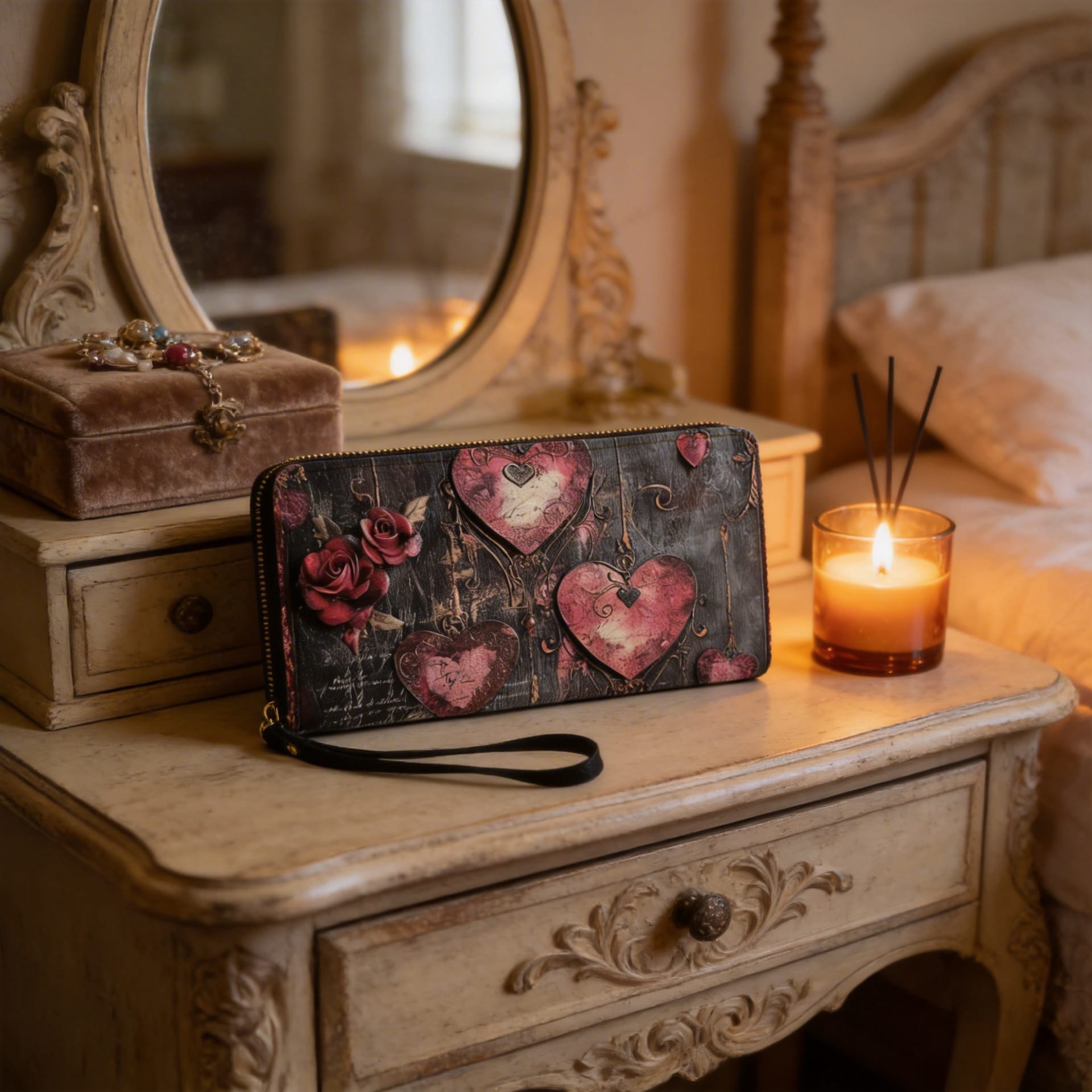 Personalized Vintage Heart & Rose Zip Wallet