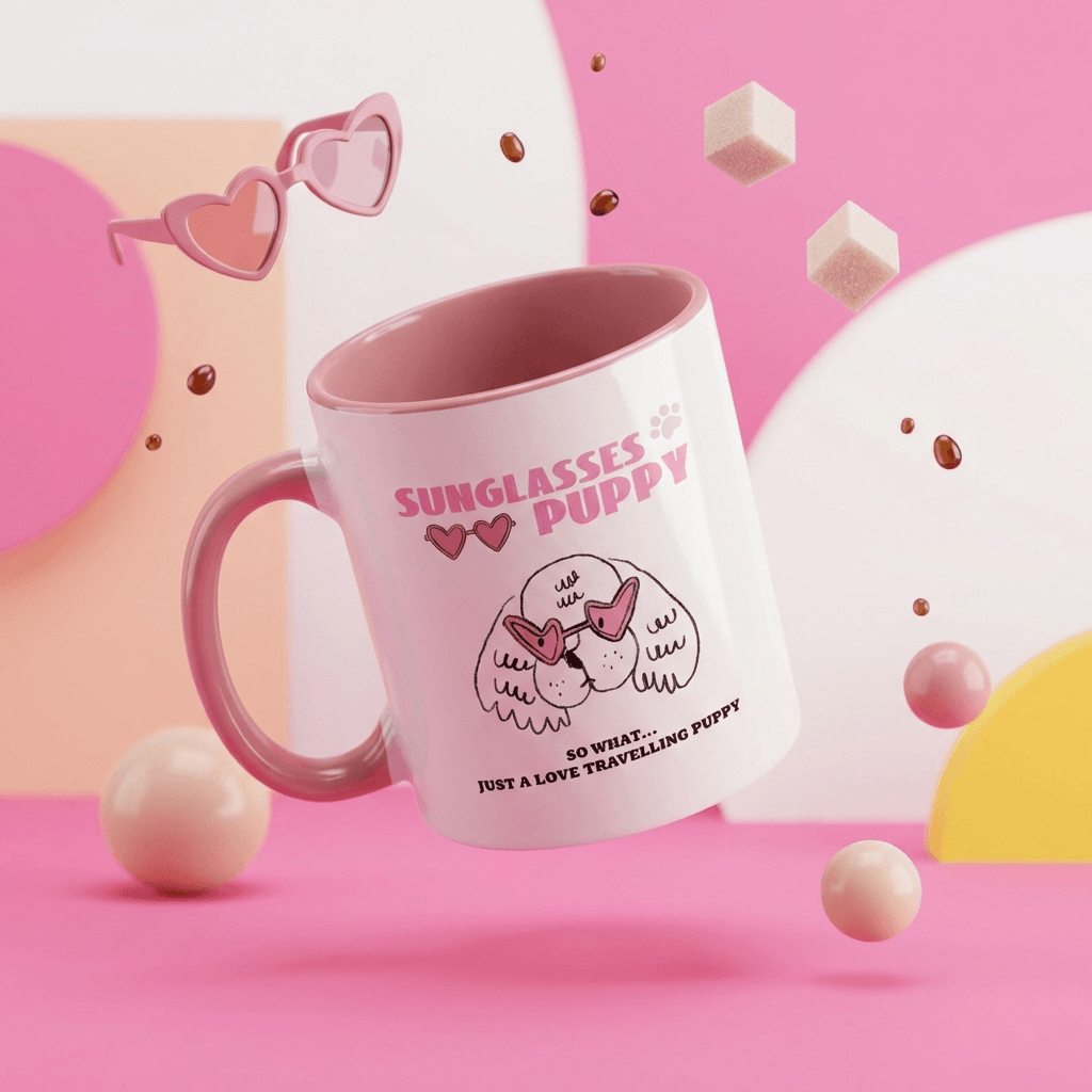 Pink 11oz Sunglasses Puppy Travel Mug - Photo & Text Coffee Cup, Perfect Gift for Pet & Travel Lovers