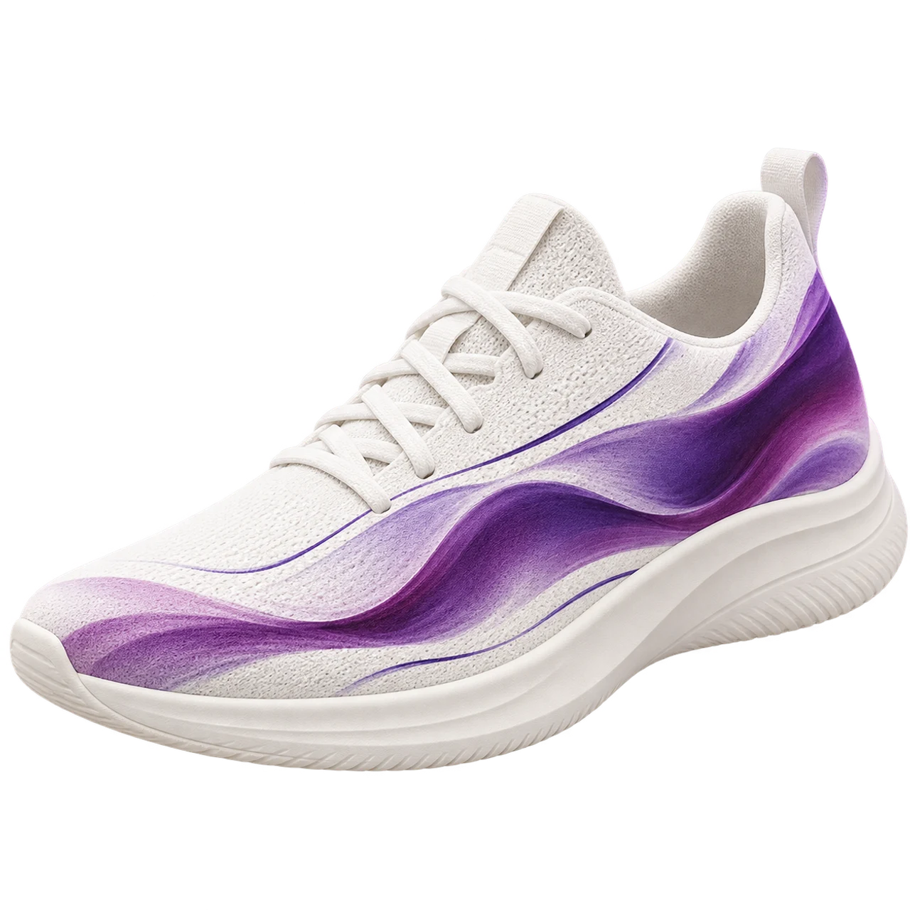 Milk-white knit sneaker with a violet flowing artwork printed across its upper.